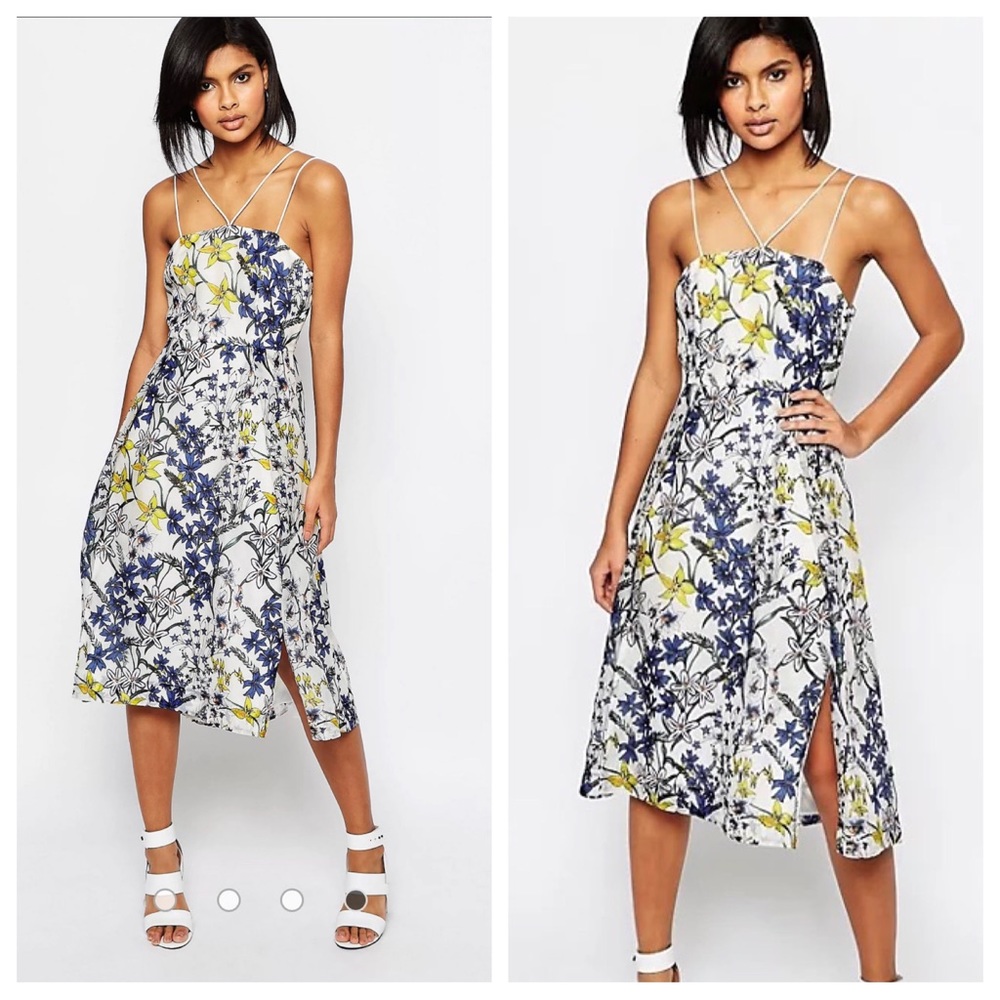 Whistles White Floral Midi Dress with Blue & Yellow Print